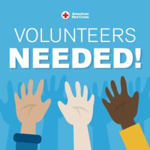 Red Cross logo with the words "Volunteers Needed!" above three cartoon hands reaching upwards