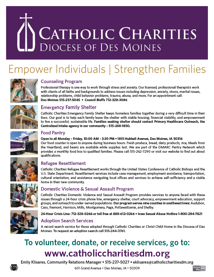Catholic Charities Diocese of Des Moines flyer of services